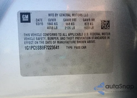 2015 Chevrolet Cruze Lt from USA, damaged, VIN 1G1PC5SB8F7223641